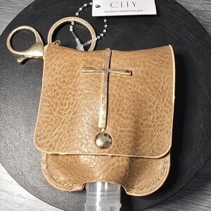 Tan Leather Cross Keychain Hand Sanitizer Holder